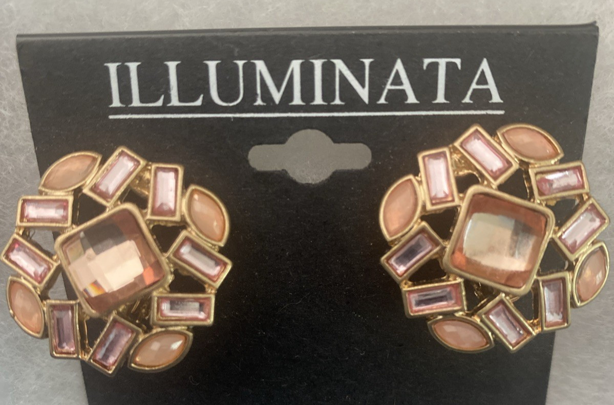 ILLUMINATA CLIP ON EARRINGS pink Rhinestone Flower Cluster New Old stock Cottage