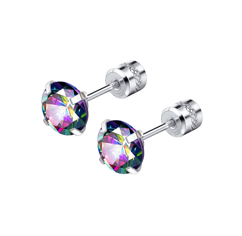 2PCS Silver Stainless Steel Round CZ Screw Back Ear Stud Earrings Men Women
