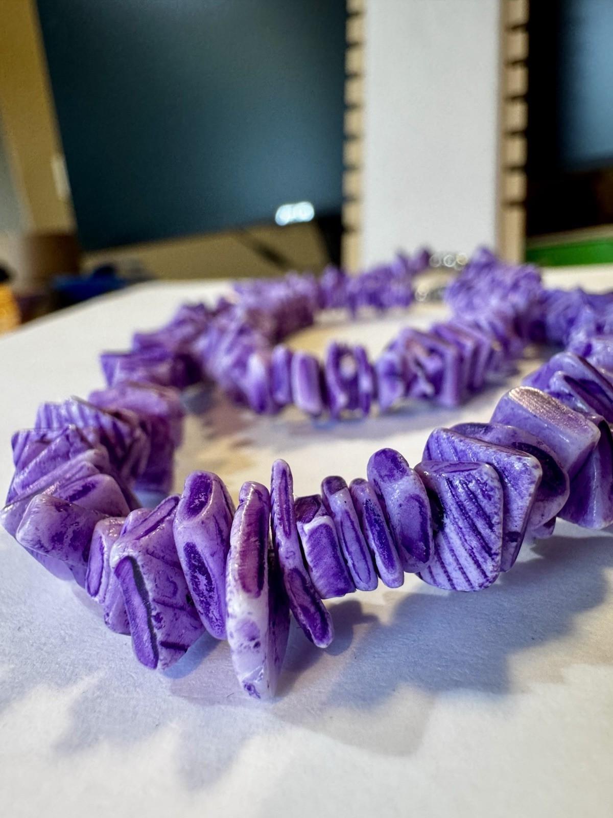 Vintage Purple Puka Shell Chip Necklace Bracelet Set Convertible 2-in-1 24” Boho