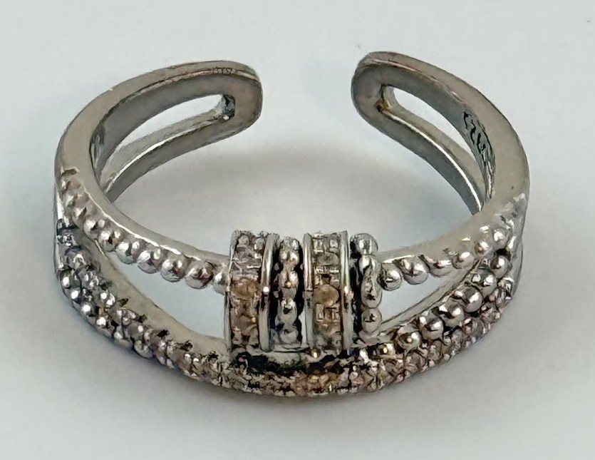 925 Sterling Silver Wrap Ring Open Cuff Beaded CZ Accent Band Adjustable Boho