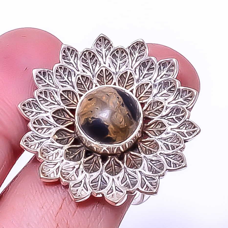 Copper Black Turquoise Silver Handmade Bali Flower Ring 8 T10