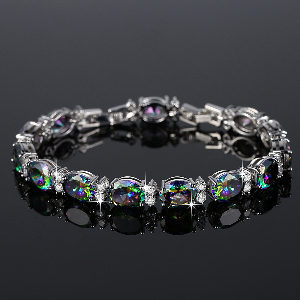 New Oval Rainbow Fire Mystic Topaz Charm Women Holiday Jewelry Silver Bracelets