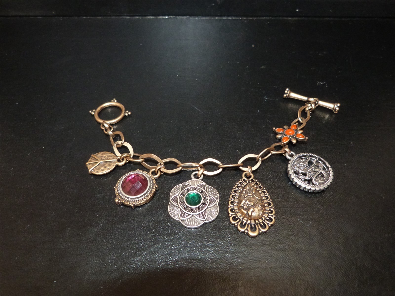Lucky Brand jewelry lot charm bracelet Asian inspired floral dragon peace sign