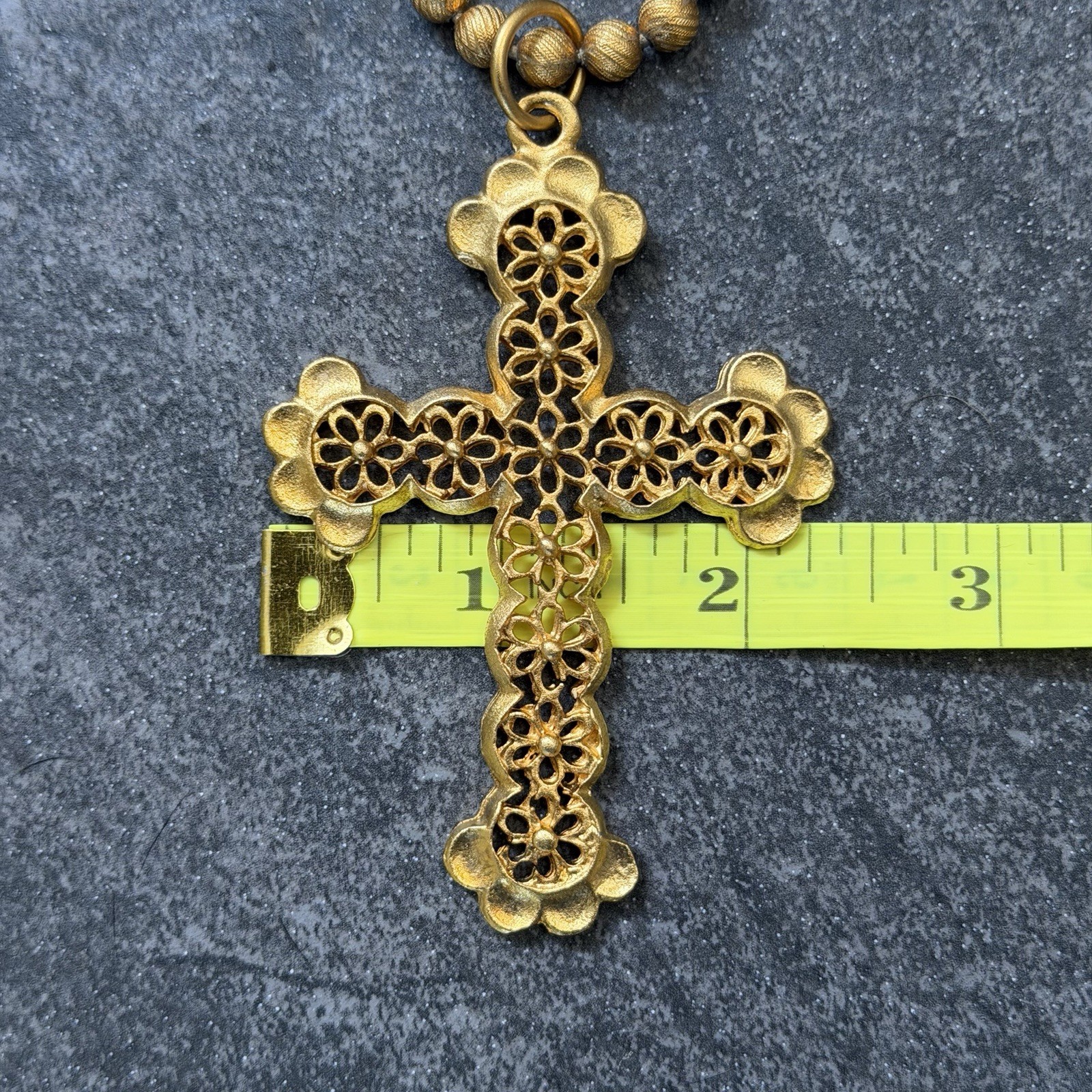 VINTAGE Gold Toned Cross Necklace, Textured Gold Beaded Chain. New with tags.