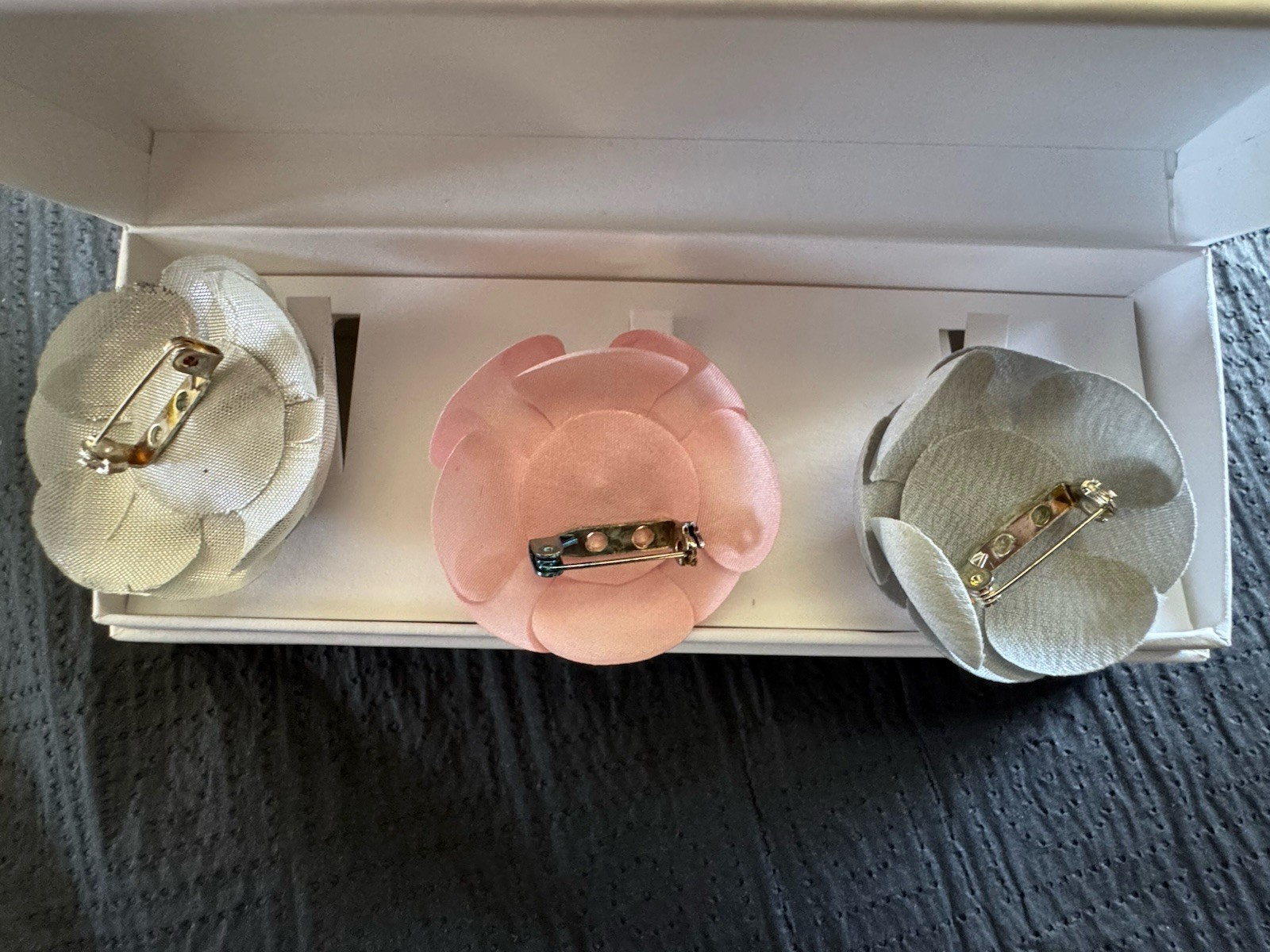 3 Authentic CHANEL Camellia Brooches/Pins Set VIP Fashion Show Gift