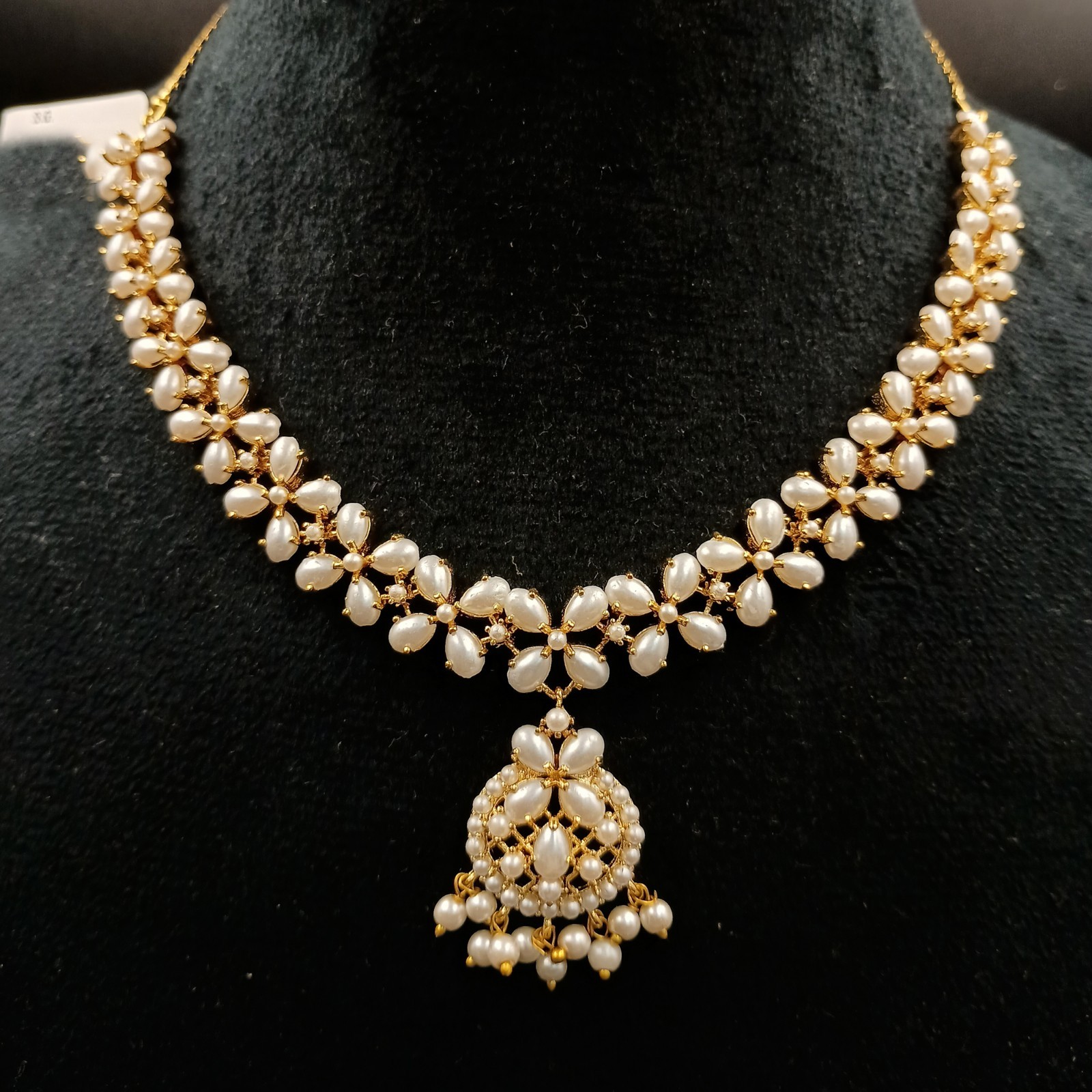 Vintage White Pearl Necklace Set 22K Gold Plated Chain Earrings Bridal Gift