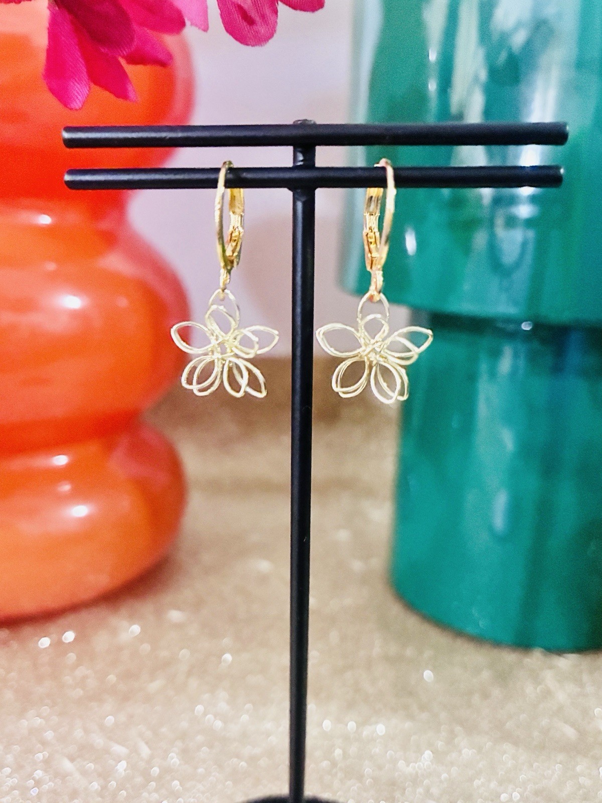 Flower Wired Hoop Earrings, Gold, High Quality Simple , Art,