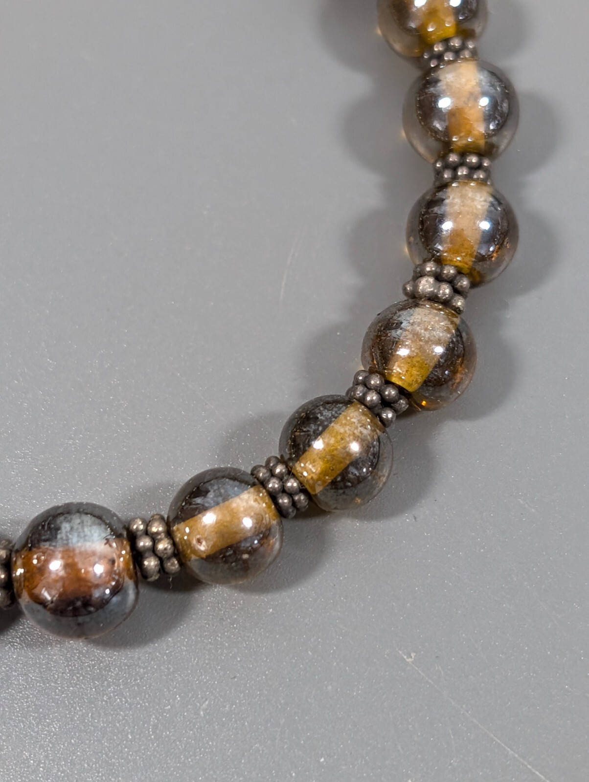 Boho Western Brown Iridescent Glass Round Bead Bracelet Sterling Clasp 6.5 in