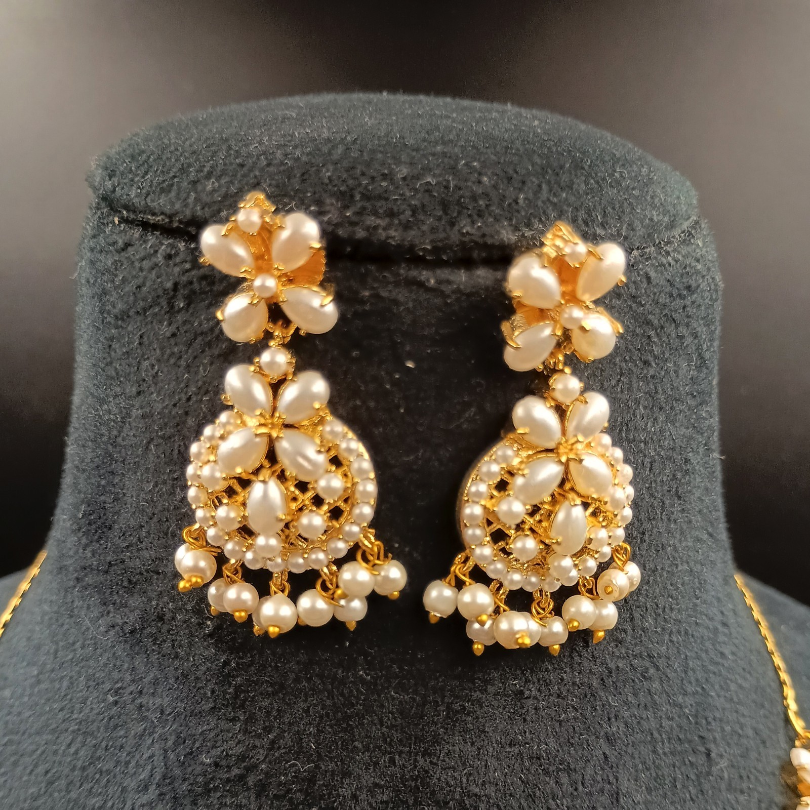 Vintage White Pearl Necklace Set 22K Gold Plated Chain Earrings Bridal Gift