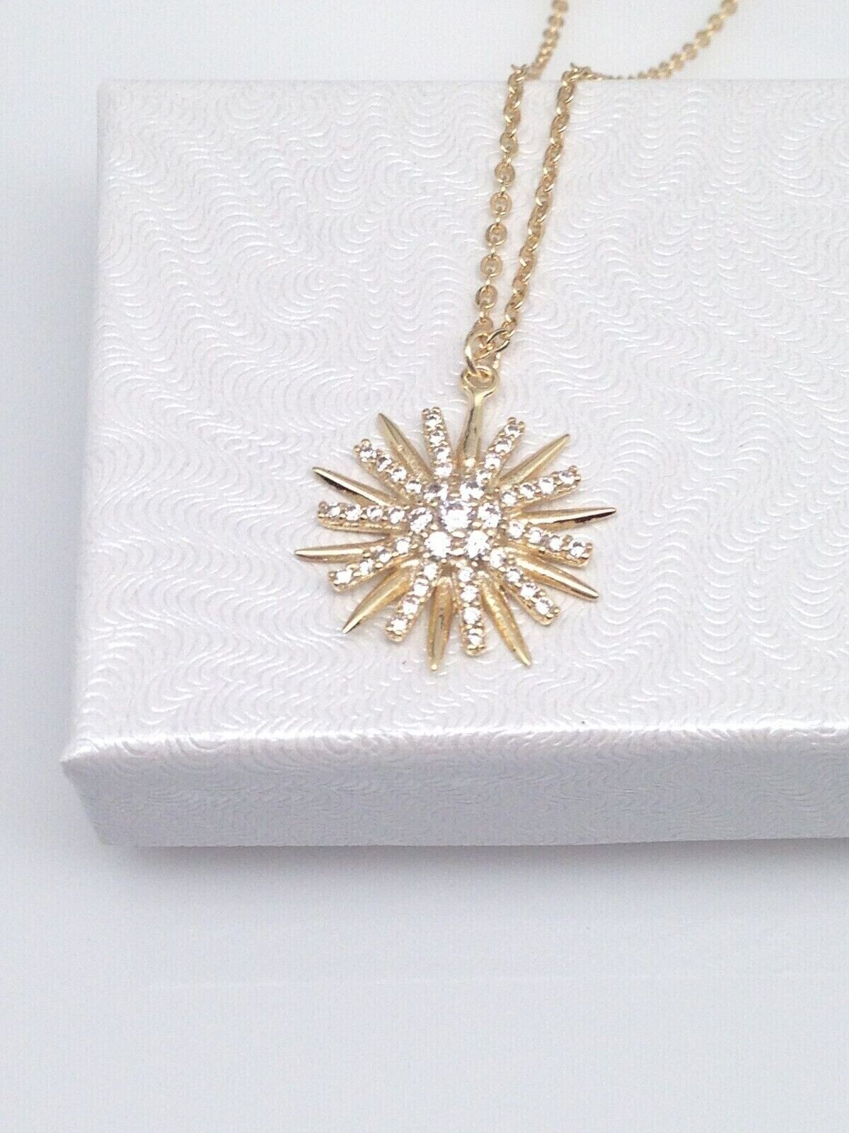 925 Sterling Silver CZ Gold Sunburst Sun Pendant Necklace Women 15mm 16-18″ Tiny