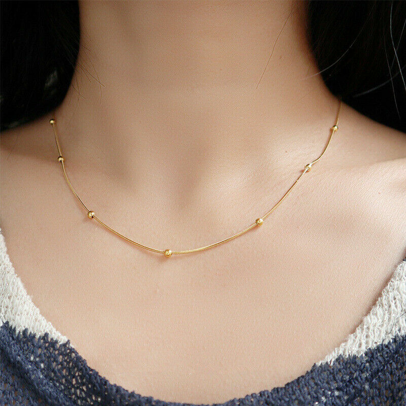 18K Gold Stainless Steel Station Bead Ball Snake Chain Choker Necklace 18″ PE44