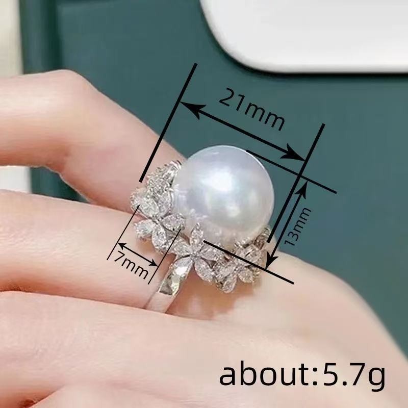 Fashion Women White Plated Pearl Flower Iced Sparkling CZ Band Ring Wedding