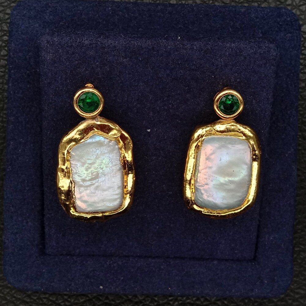 Freshwater Cultured White Biwa Rectangle Pearl Stud Cubic Zirconia Pave Earrings