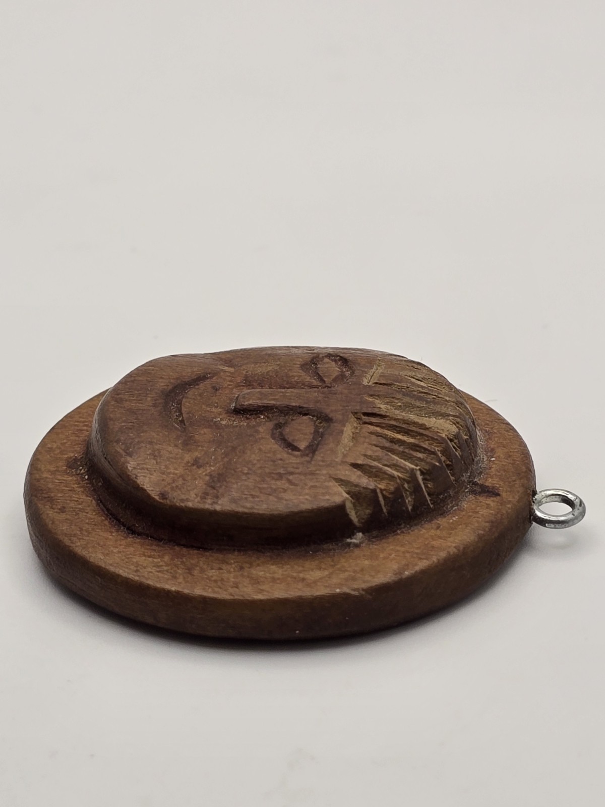 Vintage Handmade Folk Art Carved Wood Relief Wooden Moon Face Necklace Pendant