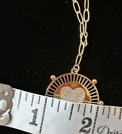 Jennifer Miller Yellow Gold Plated Pave Heart Medallion Necklace Paperclip Chain