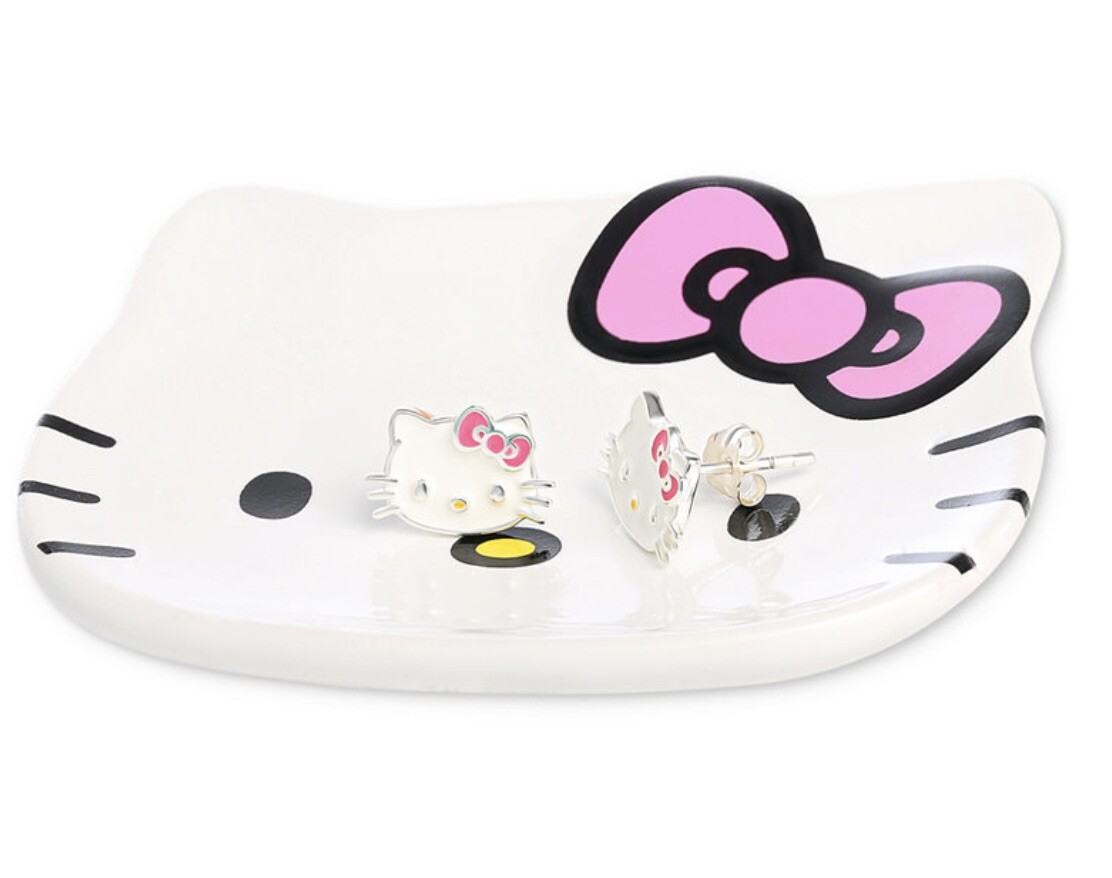 NIB Hello Kitty Enamel Stud Earrings Sterling Silver & Ceramic Trinket Dish