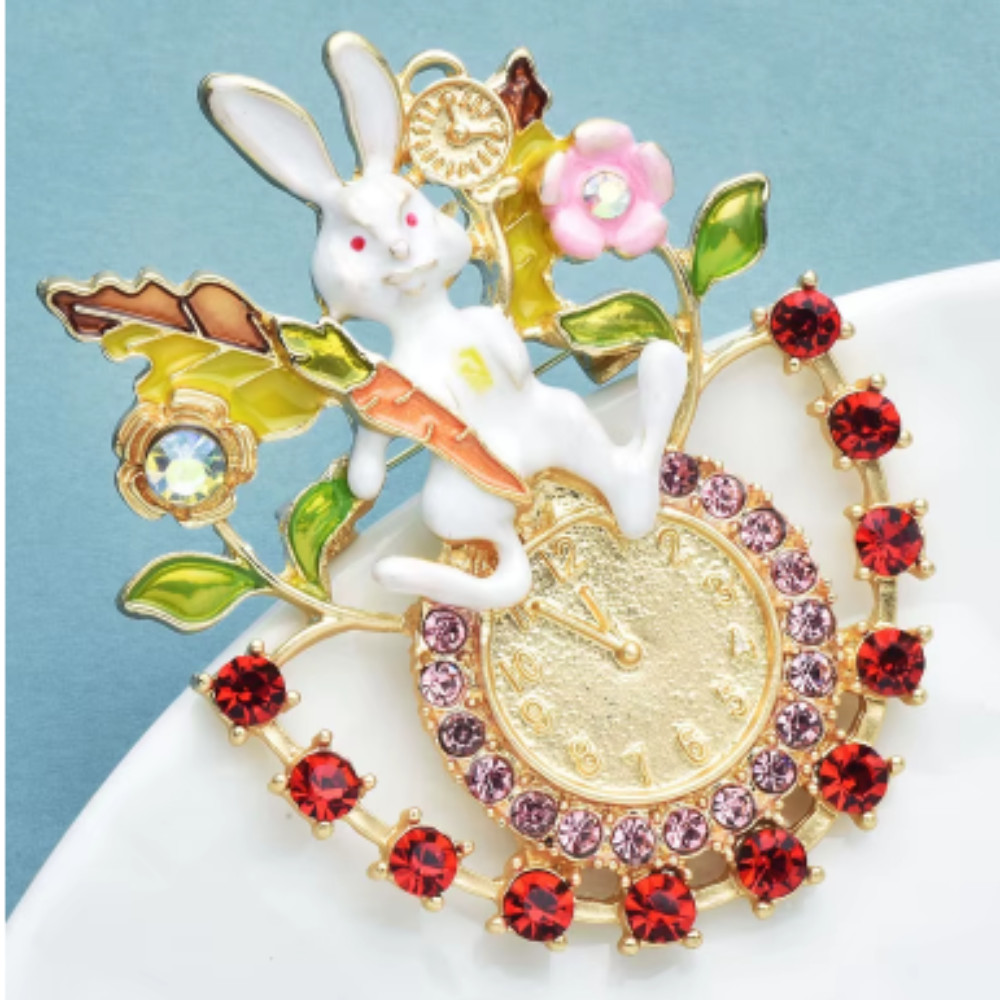 Easter Spring Bunny Brooch Rhinestone Clock Rabbit Animal Pins Gift Jewelry USA