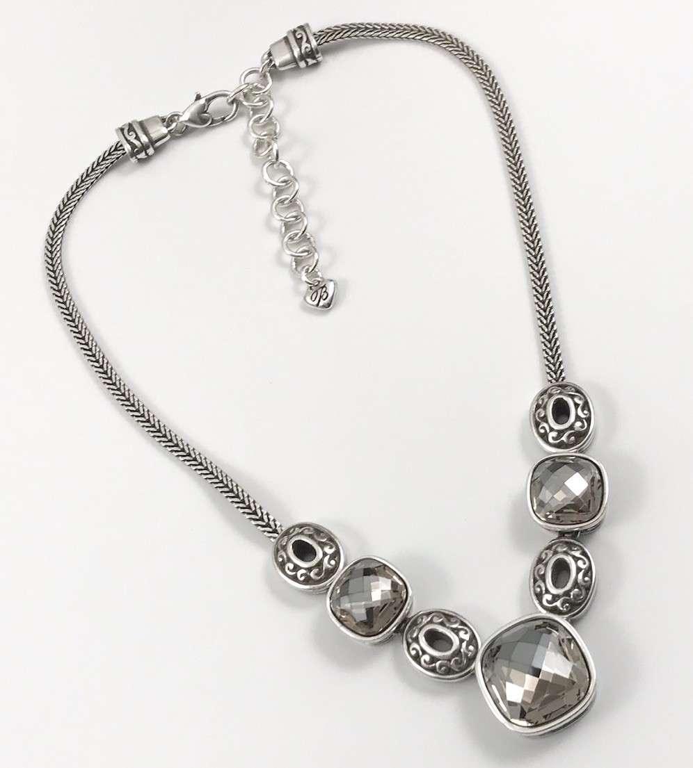 Brighton Venus Rising Silver Smokey Crystals Flat Chain Necklace 17 In. #405