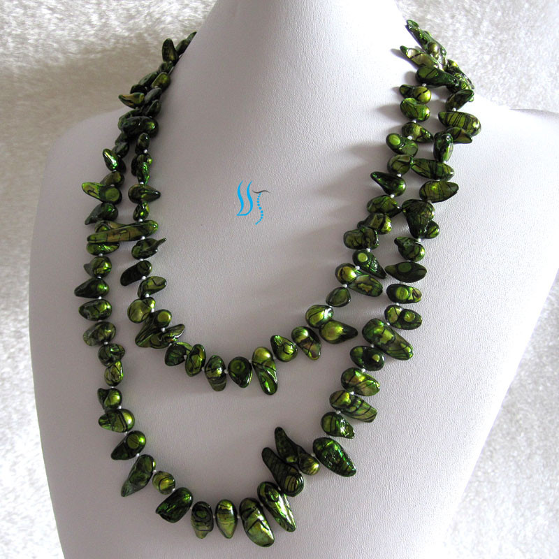 47″ 7-8mm Green Black Wave Baroque Freshwater Pearl Necklace Strands Jewelry