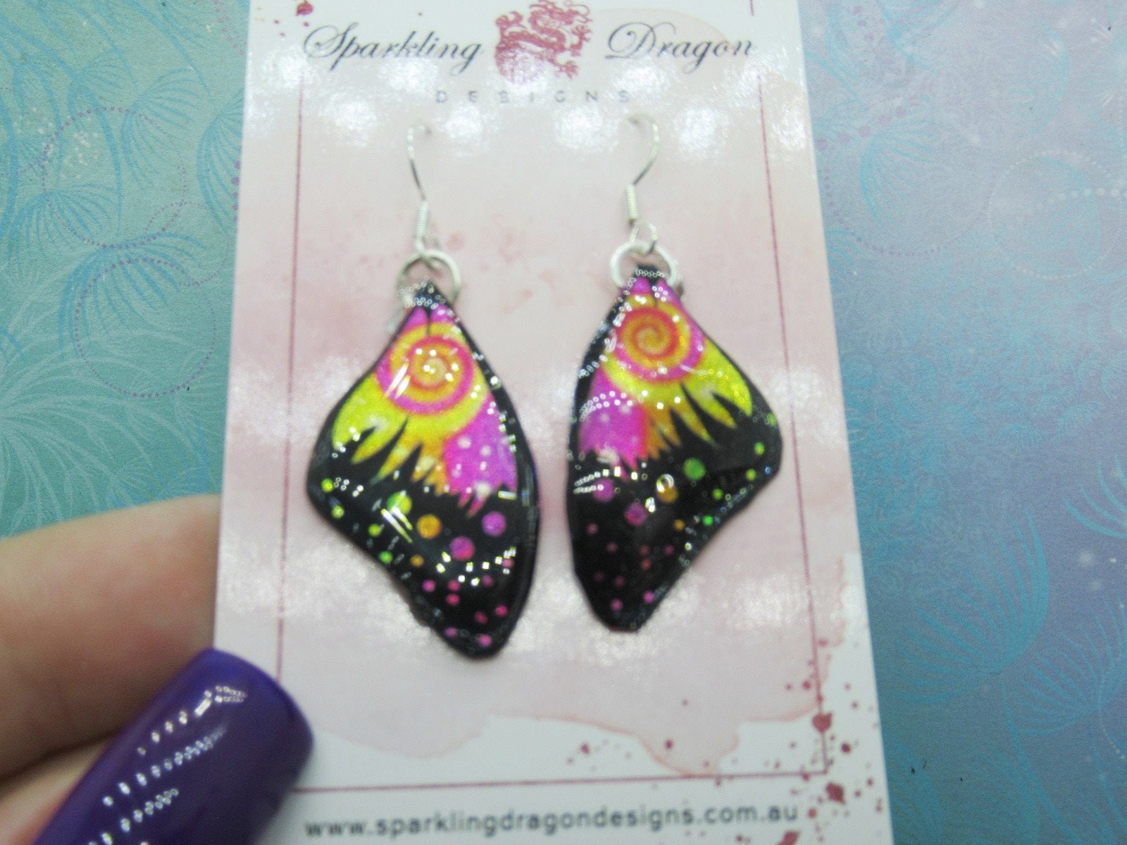 Butterfly Wing Earrings Swirling Pink & Yellow – Fairy Jewellery, Fun Gift for