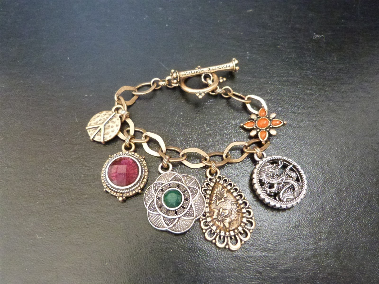 Lucky Brand jewelry lot charm bracelet Asian inspired floral dragon peace sign