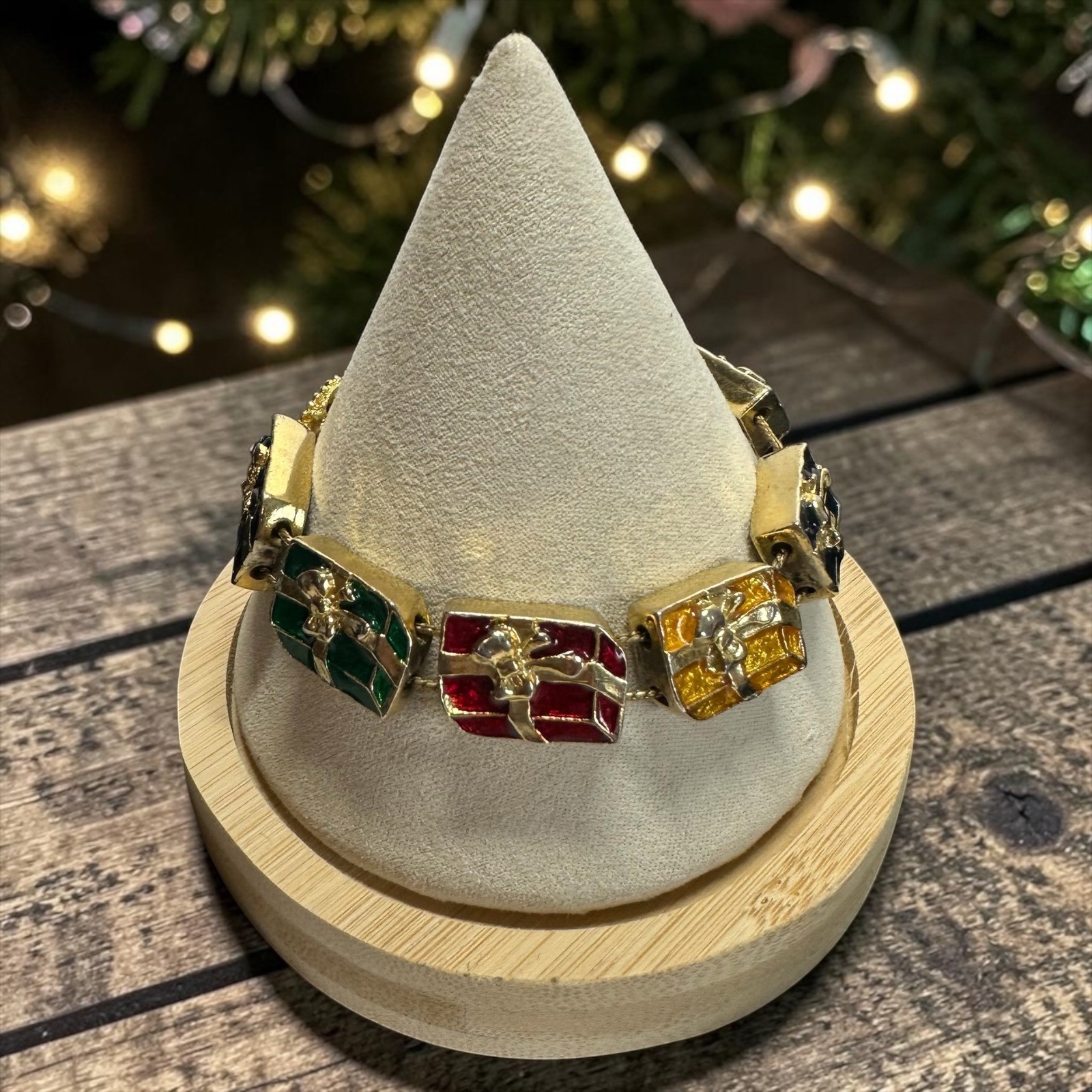 Vintage Christmas Present Bracelet Red Green Blue Enamel Gold Tone Holiday