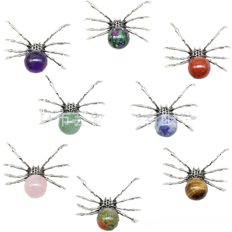 10pcs Mixed Natural Stone Alloy Long Legged Spider Pendants DIY Jewelry Making