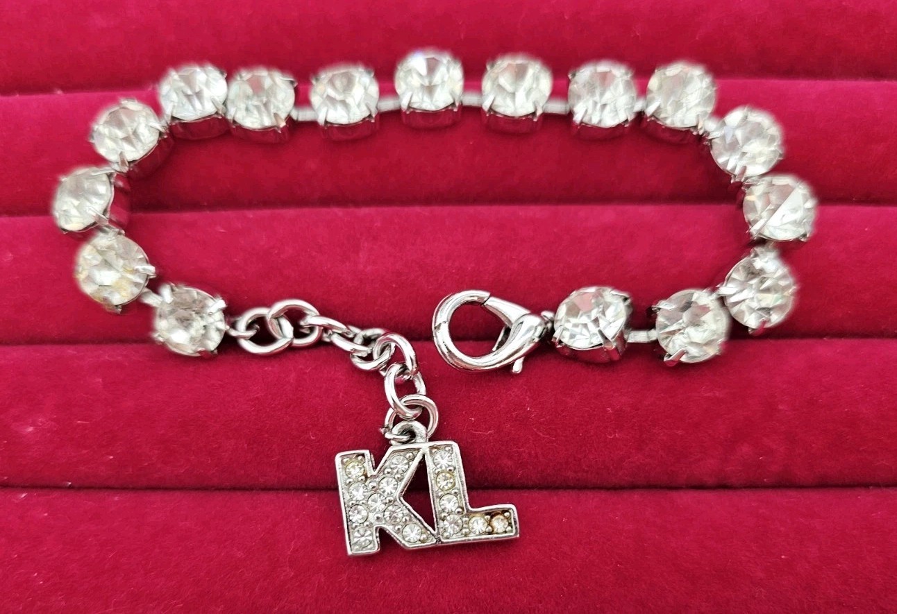 Karl Lagerfeld Dangle KL Crystal Rhinestone Bracelet Macys As Is Silver tone