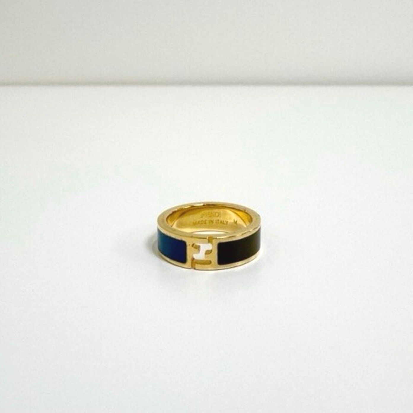 FENDI Fendista Bi-Color Blue and Brown Enamel Gold Ring M FF Logo Jewelry Italy