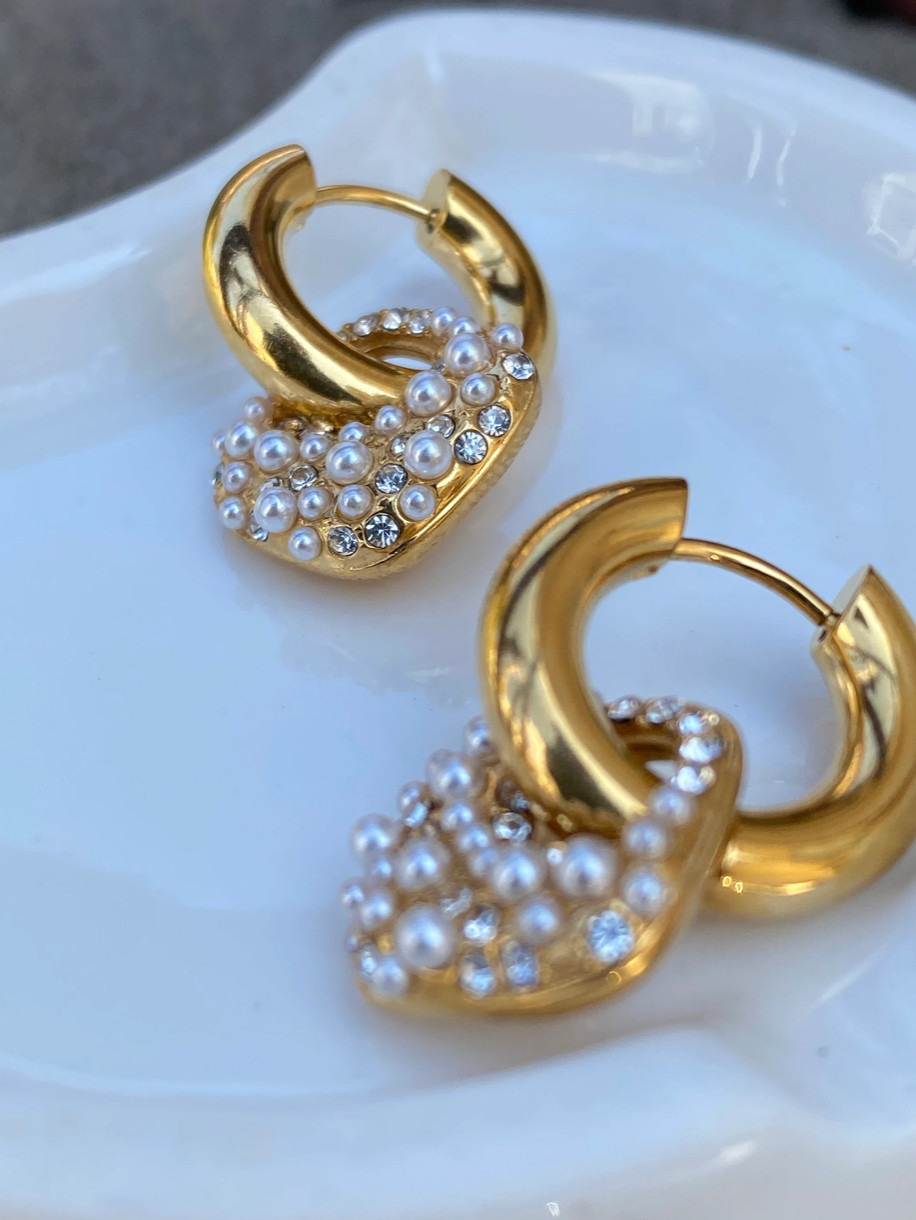 Gold Plated Stainless Steel CZ Pearl Dangle Drop Sparkle Earrings