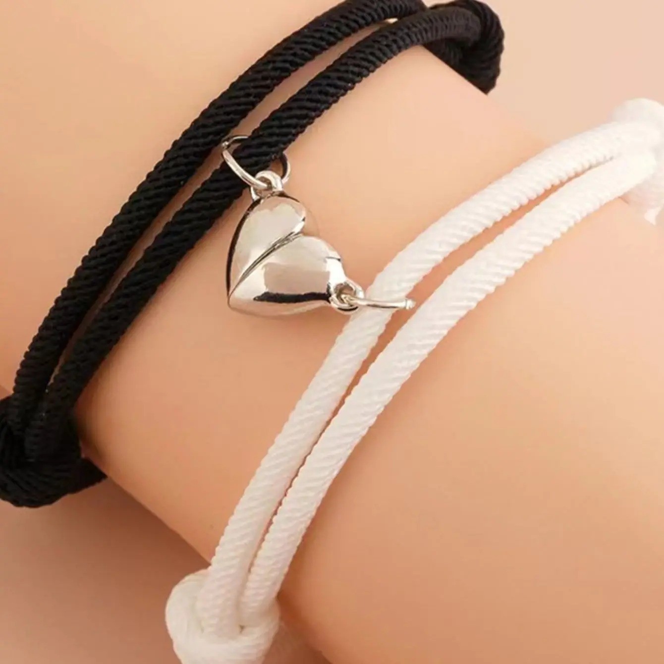 2Pcs Magnetic Couple Bracelet Black White Rope Heart Love Friendship Jewelry