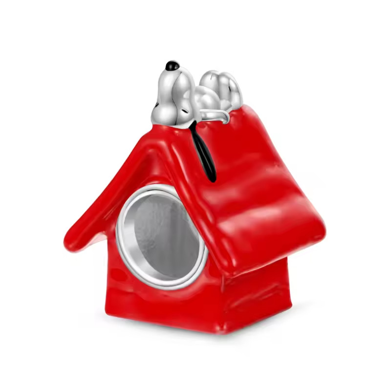 SNOOPY DOG ON RED HOUSE 925 STERLING SILVER BRACELET CHARM BEAD PENDANT & POUCH!