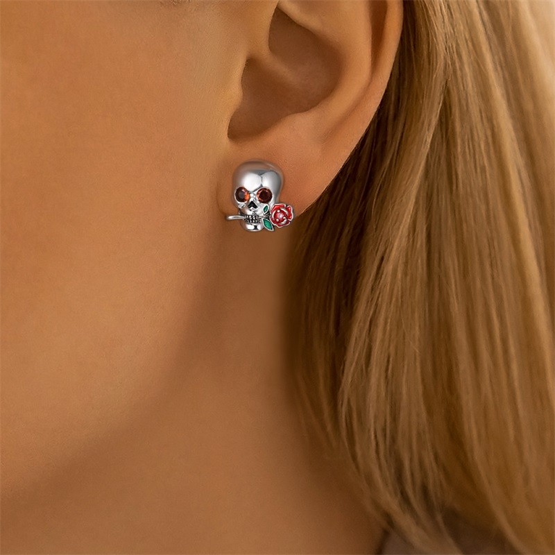 PANDACH 925 Sterling Silver Skull Rose Stud Earrings For Women Men Jewelry Gifts