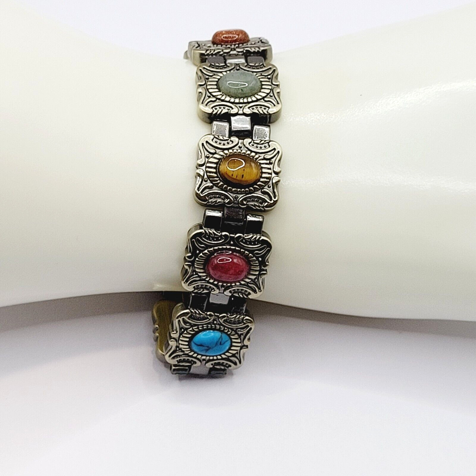Ornate Western Style Multi Color Faux Gemstone Muted Gold Silver Tone Bracelet