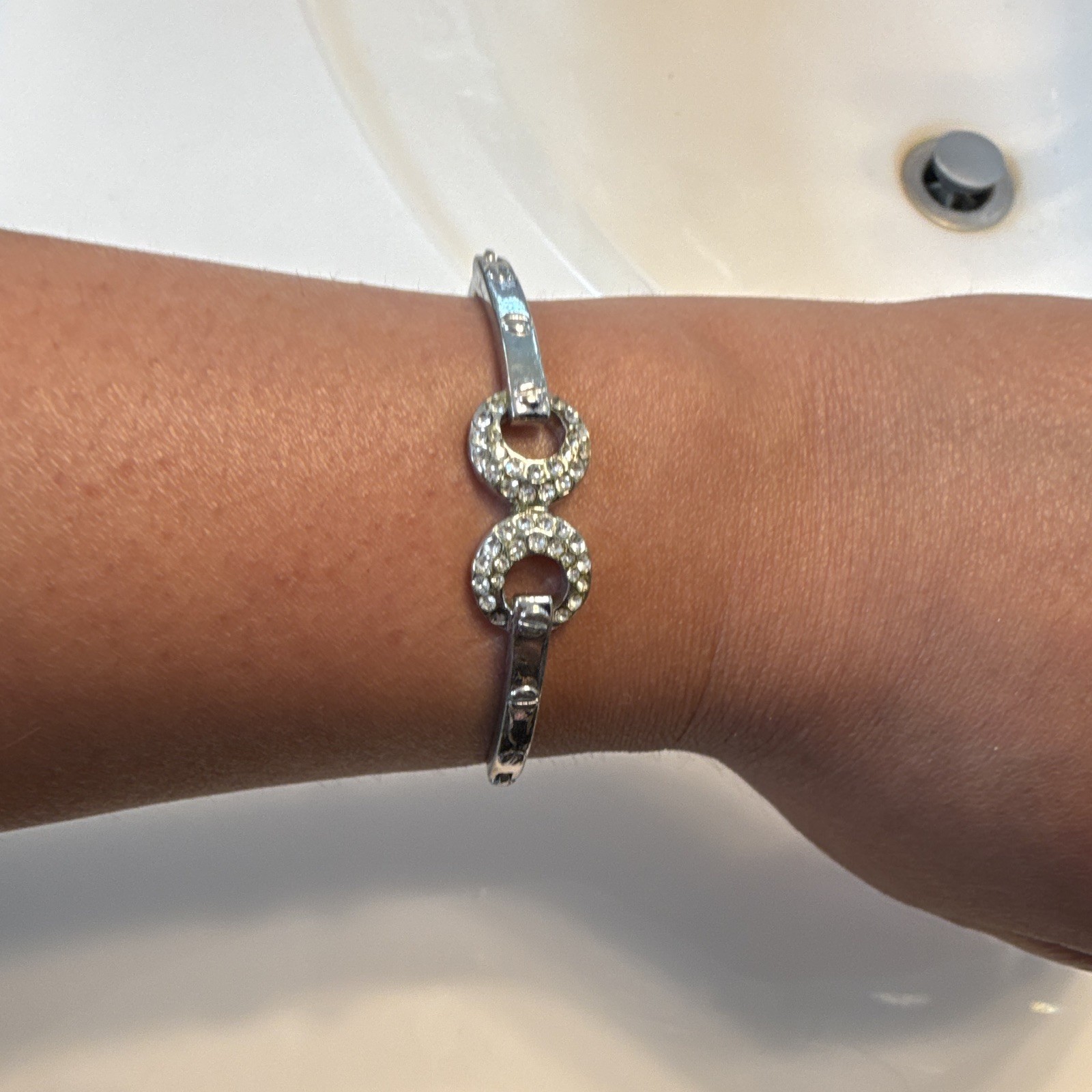Silver Tone Stackable Bangle Bracelet Pavé Crystal Double Circle Links Hook
