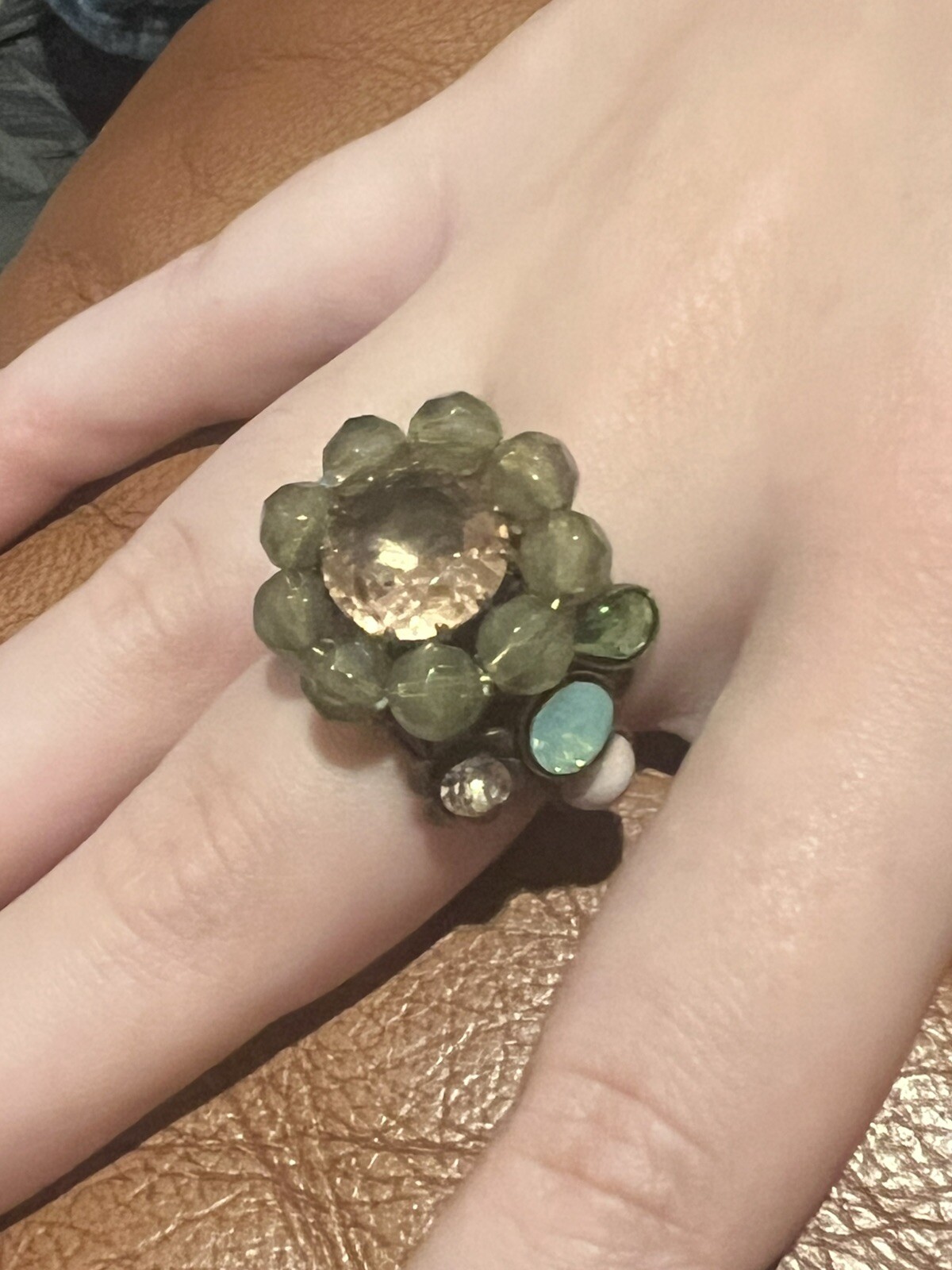 Elizabetta Ricciardi Adjustable Crystal Ring. NWT. Green & Brown Flower