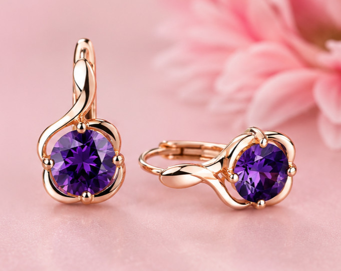 3Ct Round Cut Simulated Amethyst Engagement Hoop Earrings 14K Rose Gold Plated