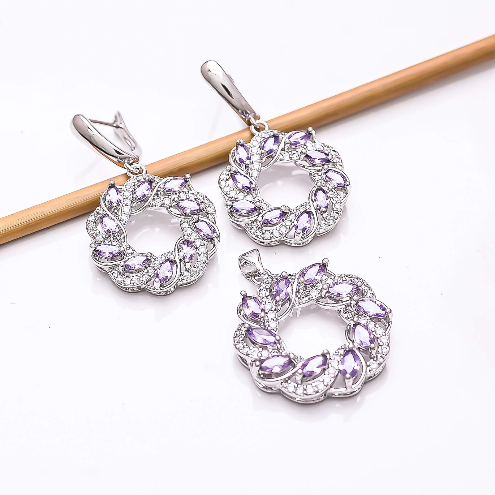 Purple Amethyst & CZ Gemstone 925 Sterling Silver Pendant Earring Set PS82821