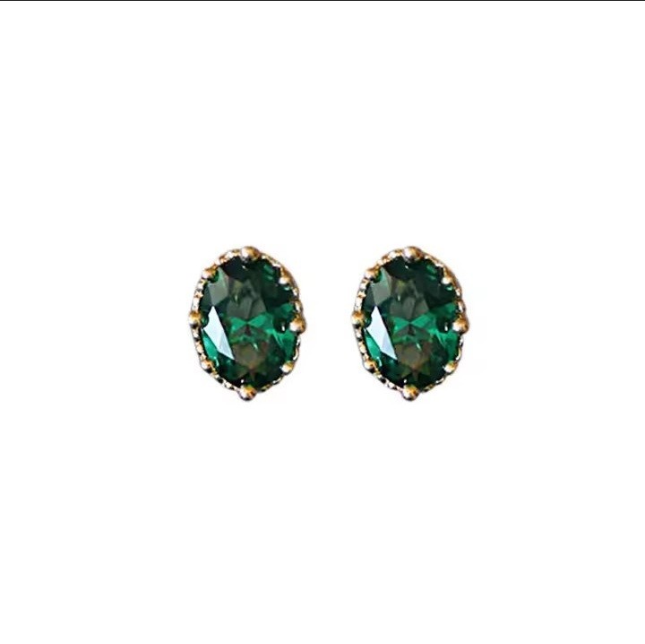 Retro Luxury dark green oval crystal stud earings sterling silver color gold