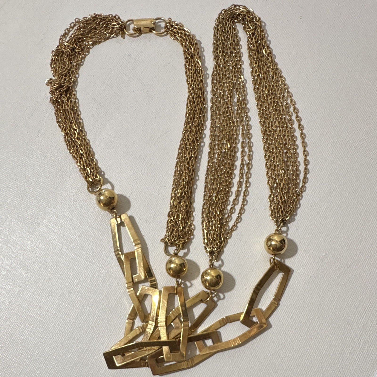 Gold Tone Multi-Strand Bar Link Chain Necklace Geometric Charm Box Clasp 18″
