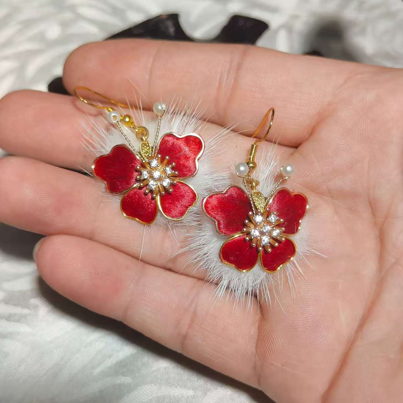 Chinese Style Hanfu Pearl Velvet Flower Drop Earrings Vintage Ear Jewelry