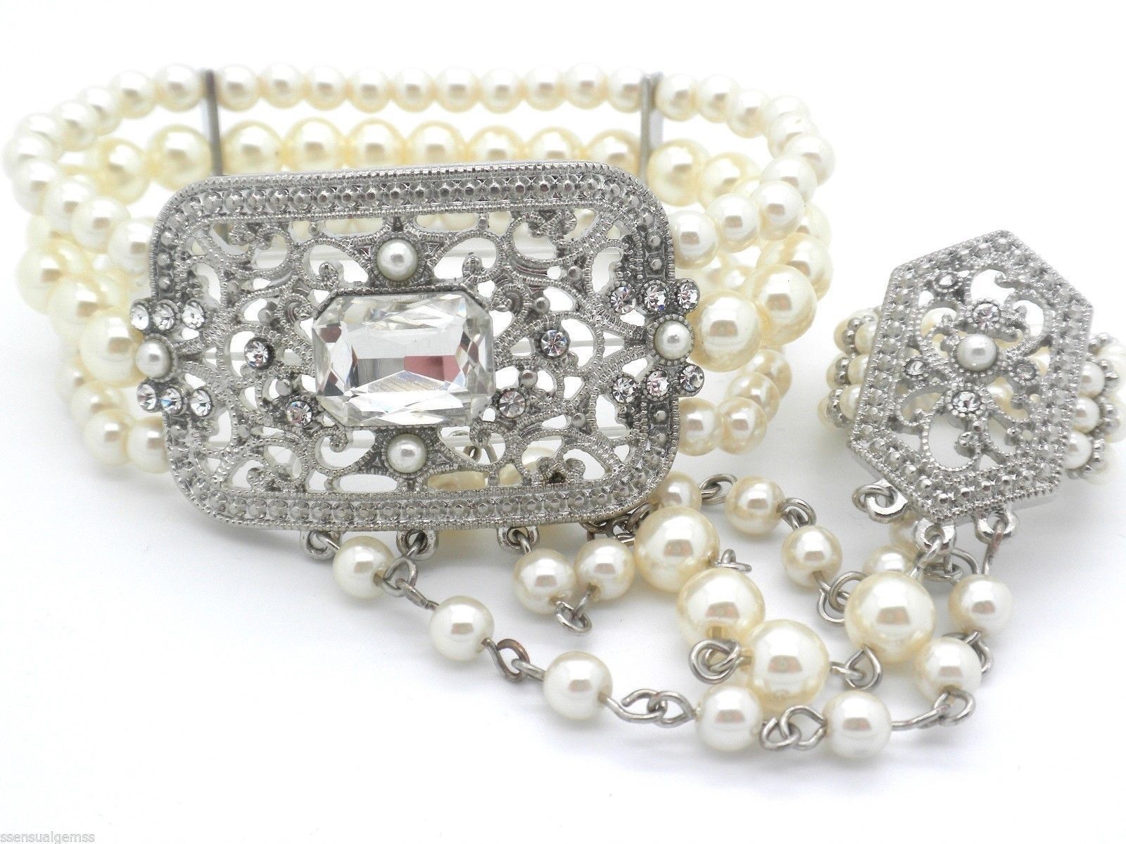 Faux Pearl Bracelet Women’s Ring Attached Silver Plated Slave Hand Chain