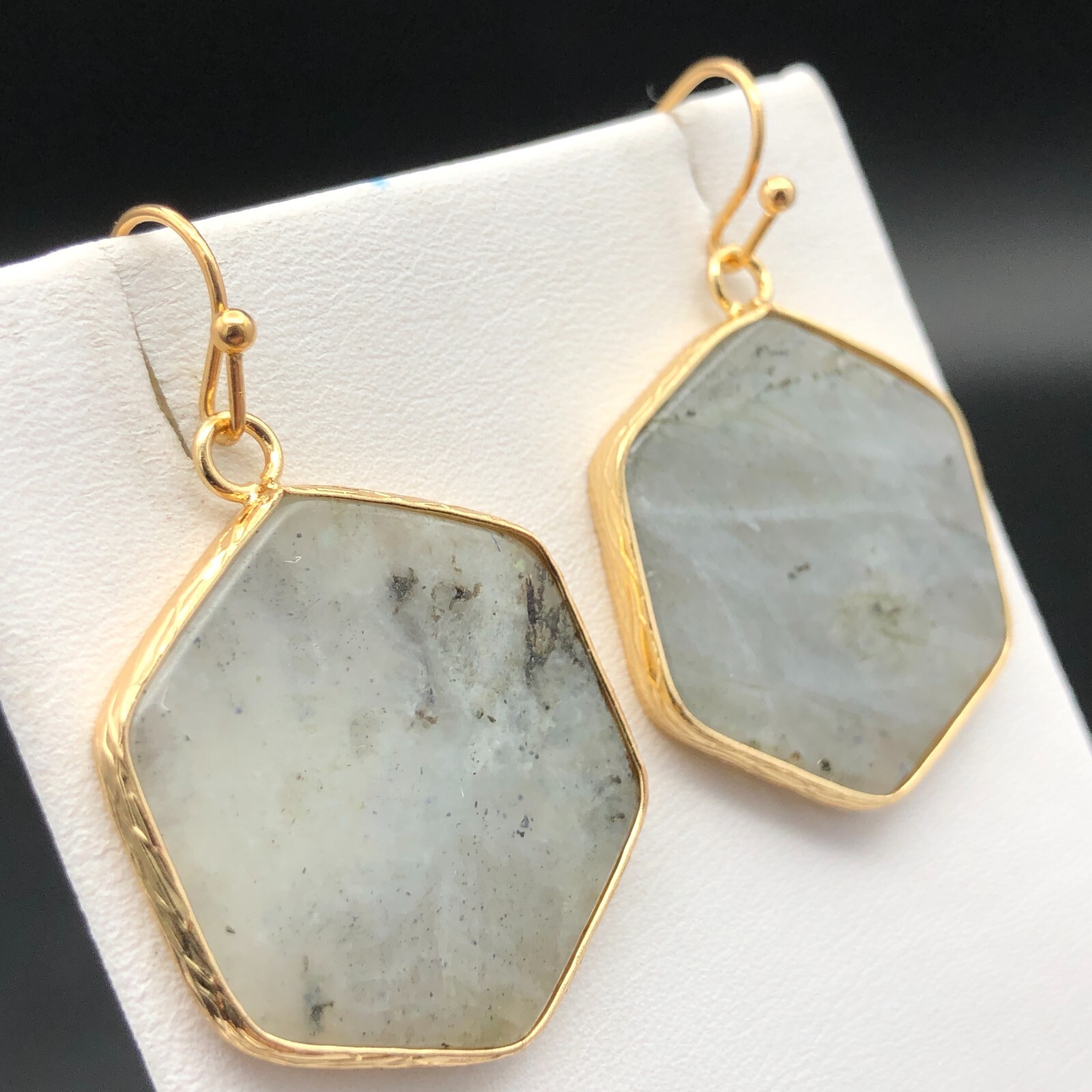 Gray Quartz Earrings Natural Hexagon Gemstone Gold Tone Bezel Drop Dangles