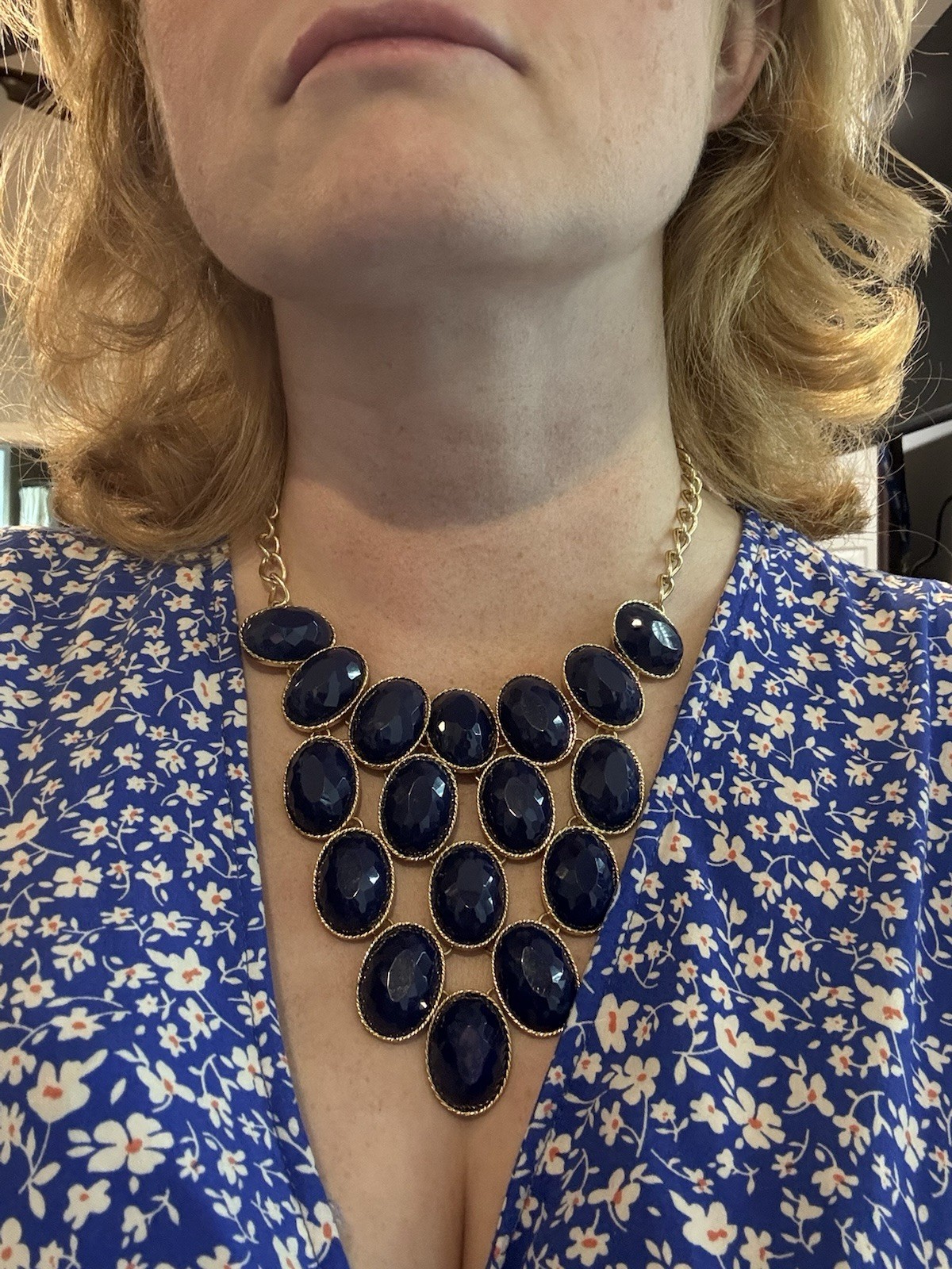 Fashion Bib Necklace Dark Blue and Gold Tones with Matching Earrings NWOT