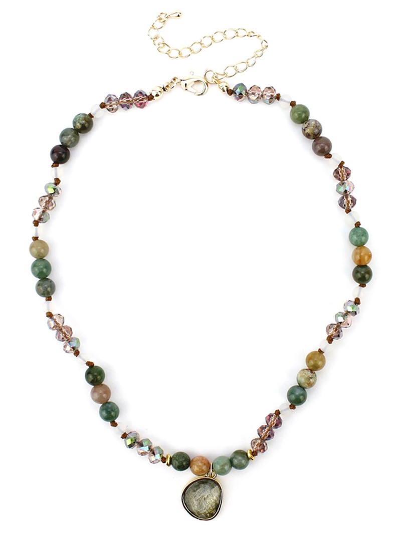 Semi Precious Stone Pendant and Mix Bead Necklace for Women