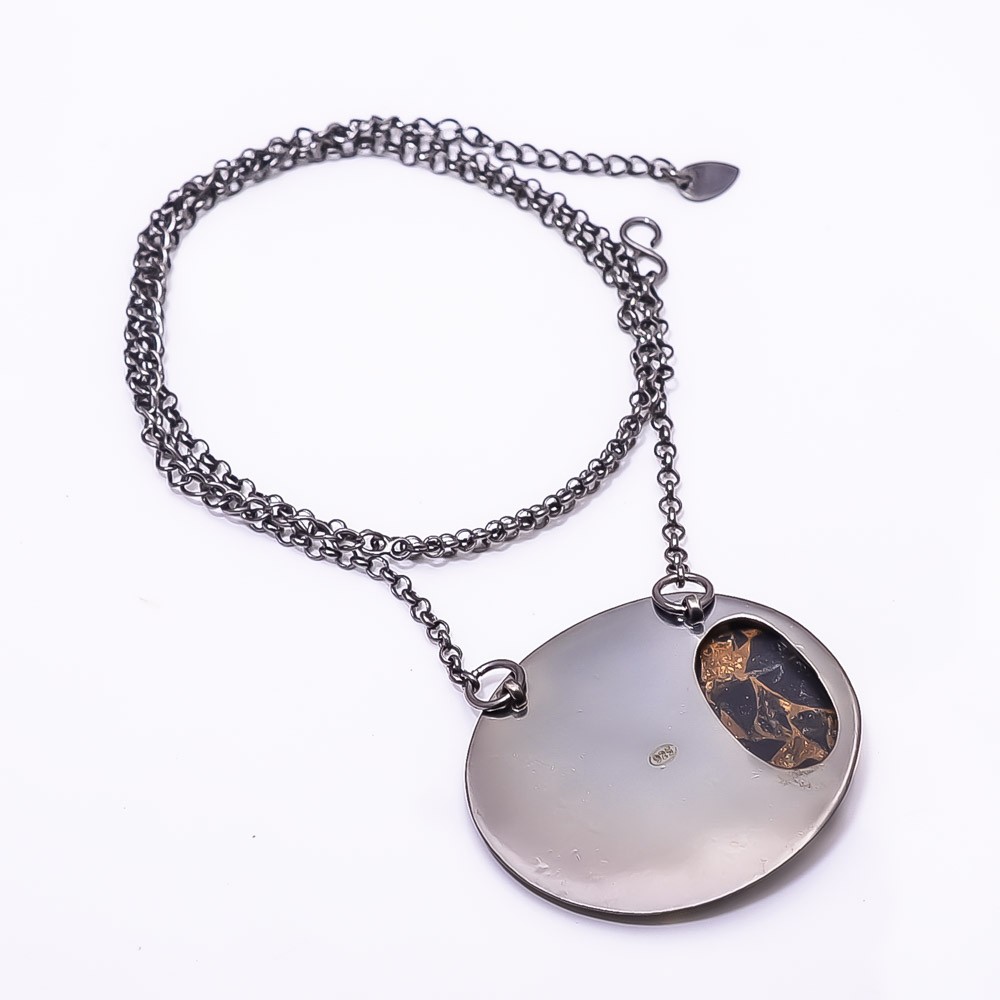 Copper Black Obsidian Black And Gold Rhodium 925 Silver Necklace 19.99″ N12