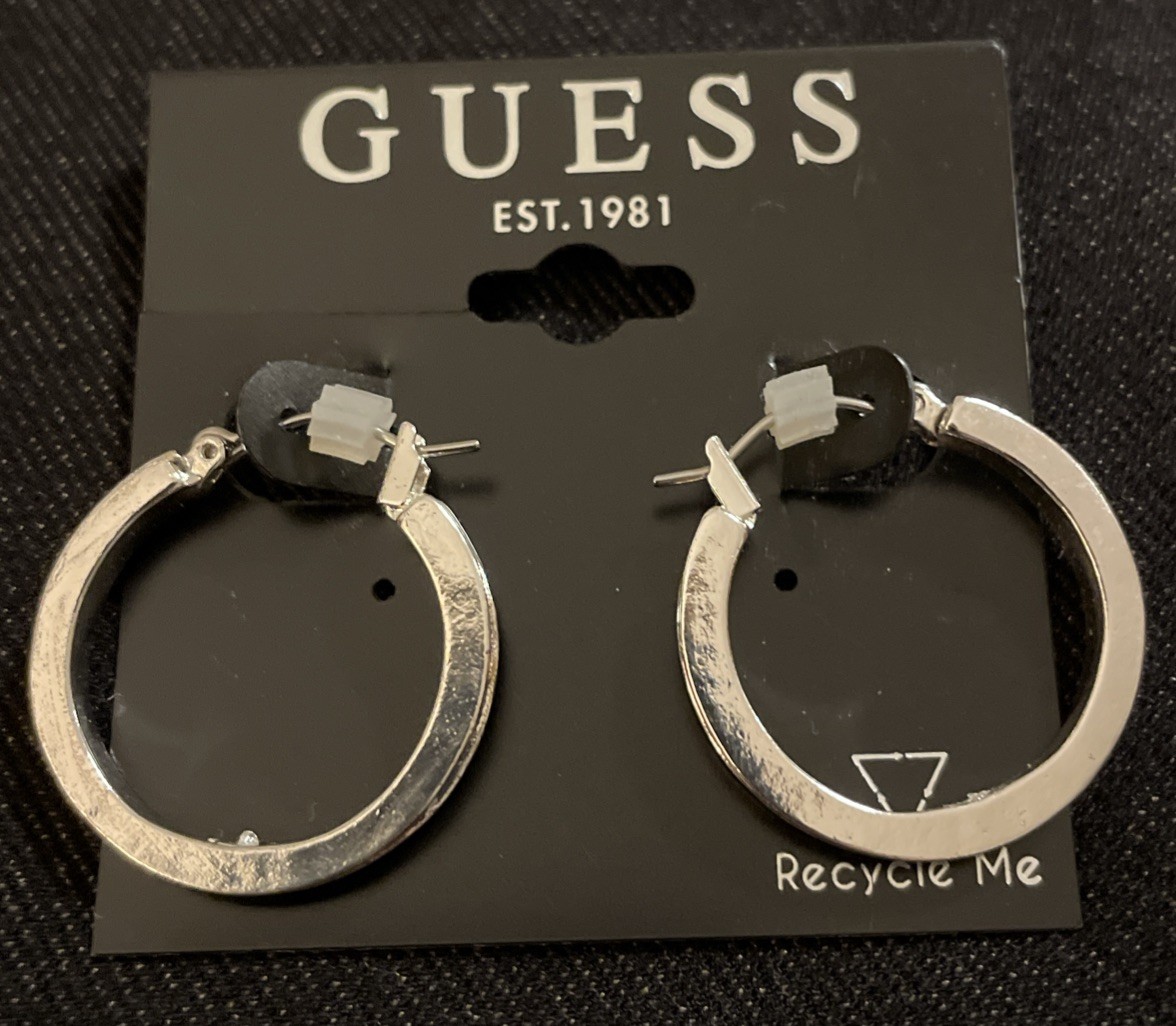 GUESS Brand New Silver Tone Hoop Earrings With Beveled Edge (NWT) Approx 1”