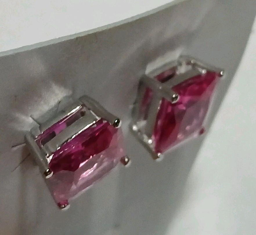 Cubic Zirconia Earrings Small Square Fuchsia Pink