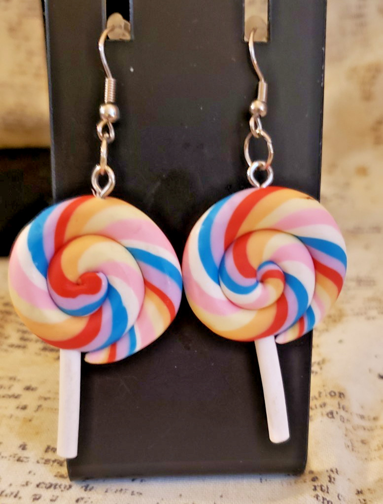 Y2K, Quirky, Whimsical, Dangling Small Lollipop Earrings – Rainbow Swirls