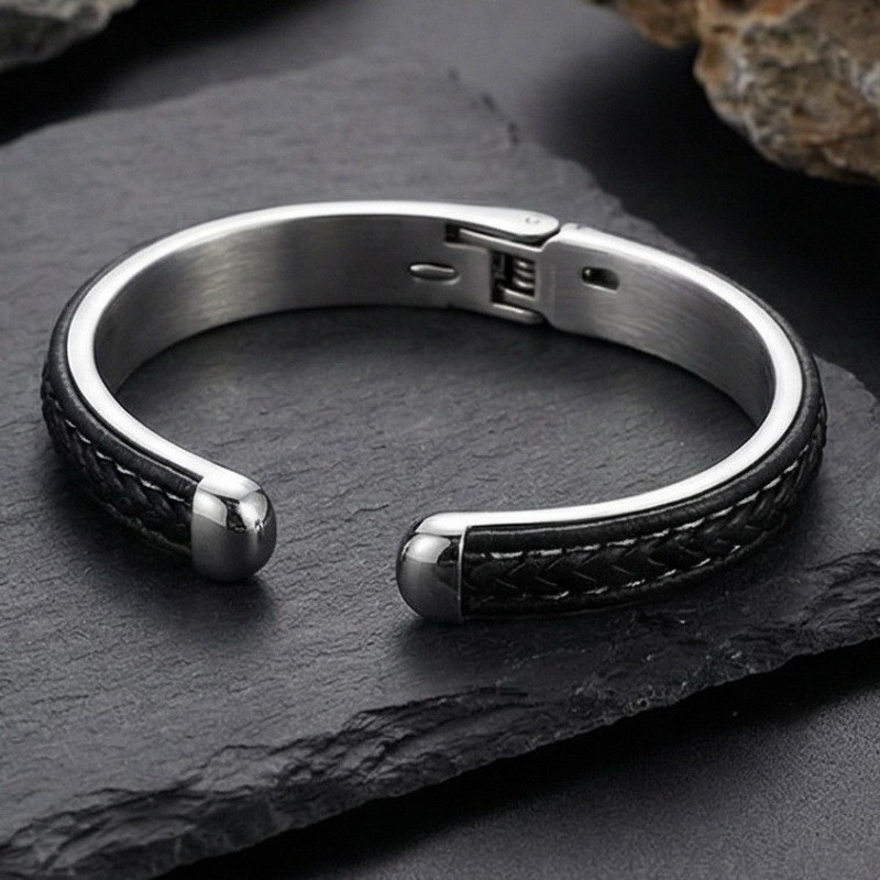 Unique Woven leather stainless steel C-shaped open Cuff Bangle Bracelet For Mens